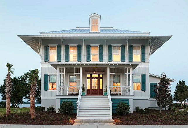  Coastal Living Showhouse.  Coastal Living Showhouse   The exterior paint color is "Sherwin-Williams SW2116 Falling Star". Trim Paint Color is "Sherwin-Williams SW7006 Extra White".  Shutter Paint Color: "Sherwin-Williams WW7614 St. Bart’s". #CoastalLivingShowhouse
