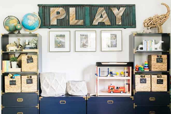 DIY Play Sign. DIY Wood Play Sign. This room has many DIYs but my favorite is the P-L-A-Y sign. The barnwood letters are from Etsy. #playroom #playsign #walldecor Home Bunch Beautiful Homes of Instagram @finding__lovely