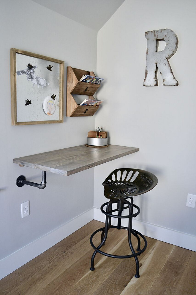 DIY Floating Desk. DIY Floating Desk. One of the most unique features in his room is the floating industrial style desk my husband built for him. It has been one of my most favorite DIY projects to date #DIYFloatingDesk Home Bunch's Beautiful Homes of Instagram @sweetthreadsco