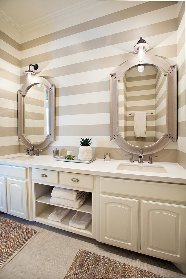 Bathroom Design Ideas. Great bathroom design with painted horizontal stripes and double vanity. #Bathroom #BathroomDesign #BathroomIdeas Tracy Hardenburg Designs.