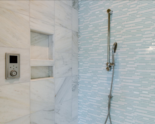 Bathroom Shower Tiles. Timeless shower tiles ideas. Interesting and fresh mix of marble with glass tiles. #ShowerTiles #Tiles #Shower