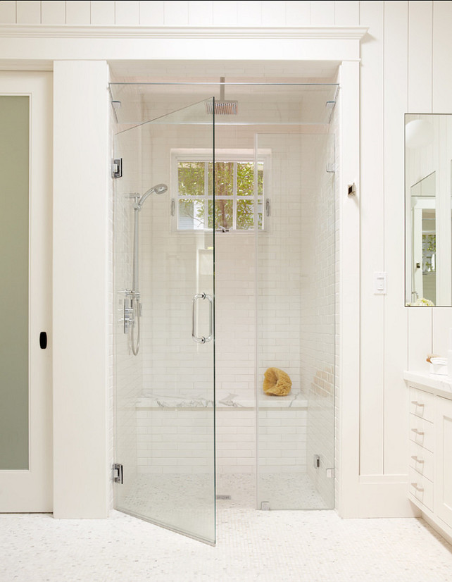 Bathroom Shower. Shower Ideas. Gorgeous white tile shower with bench, steam shower, and window for natural light. Bathoom Shower design. #Bathroom #Shower Rasmussen Construction.