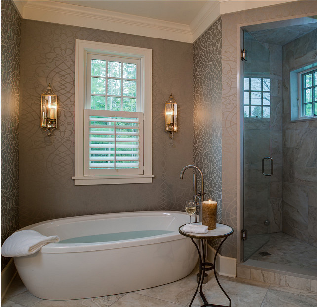 Bathroom with Freestanding Bath. Gorgeous bathroom with freestading bath and wallpaper. #Bathroom #FreestandingBath.