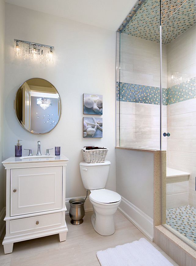 Batroom Neutral Coastal Bathroom Design. Bathroom with coastal decor. #Bathroom #CoastalInteriors #CoastalBathroom #SmallBathroom Designed by Jane Lockhart.