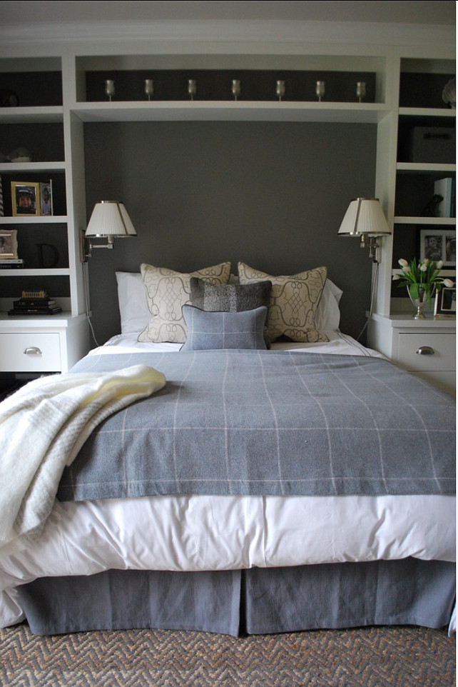 Bedroom Ideas. Bedroom with built-in bookshelves. Lisa Gabrielson Design.