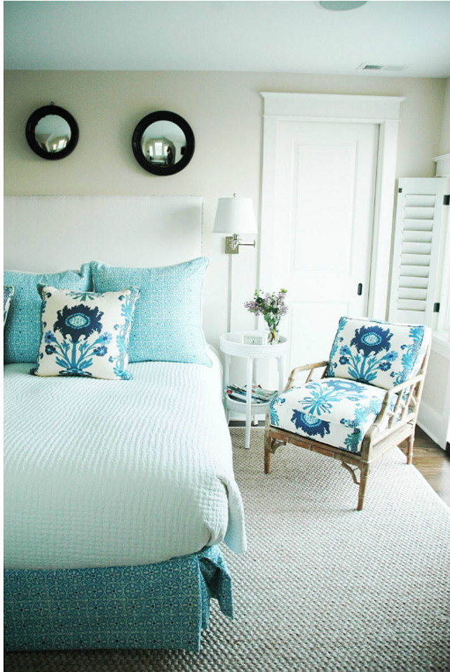Bedroom. Coastal Bedroom. Bedroom with coastal turquoise decor. Bedding & Chair Fabrics: "China Seas Nitik II" and "Quadrille Henriot Floral". Morrison Fairfax Interiors