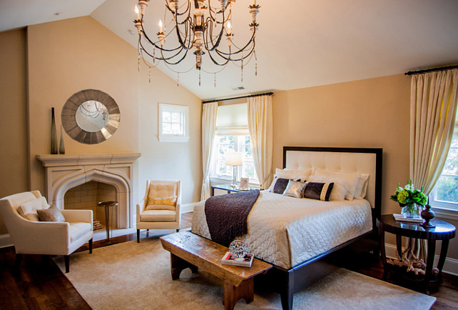Bedroom. Master Bedroom Design. Master bedroom with neutral, traditional decor. Chandelier is a Suzanne Kasler design through Visual Comfort. #MasterBedroom #MasterBedroomIdeas #MasterBedroomDesign