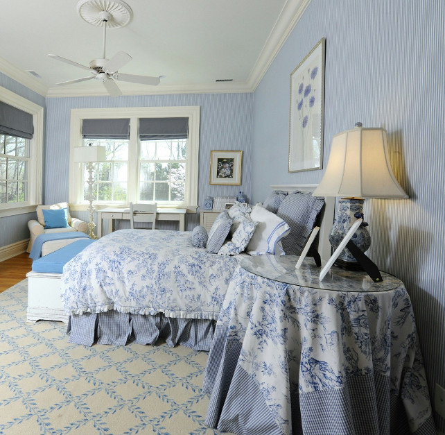 Classic Blue/ White Toile Fabric. Blue and White Decor Ideas. Traditional Blue and White Bedroom. #BlueandWhiteDecor #Blue&WhiteDecor #Bedroom #TraditionalInteriors Via Sotheby's Homes.