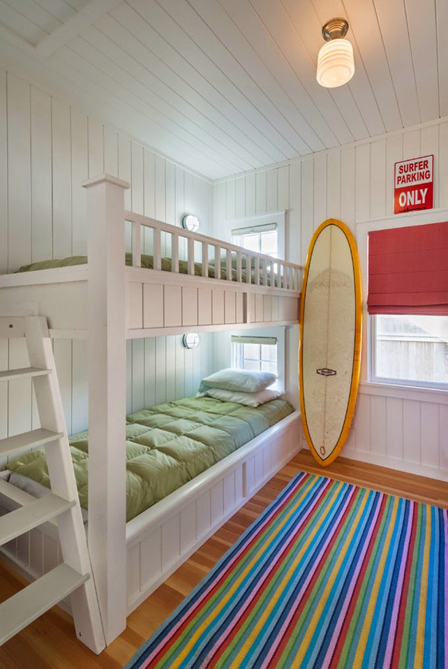 Bunk Room. Coastal Bunk Room Design Ideas. This bunk room design is perfect for small homes or cottages. #BunkRoom ##SmallSpaces #CottageInteriors