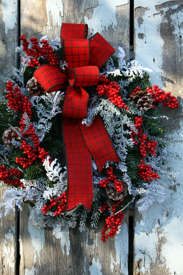 Christmas Wreath, Plaid Ribbon, Snow Cedar, Red Berries, Pine. From Etsy. #Wreath #ChristmasWreath Sweet Something Designs.
