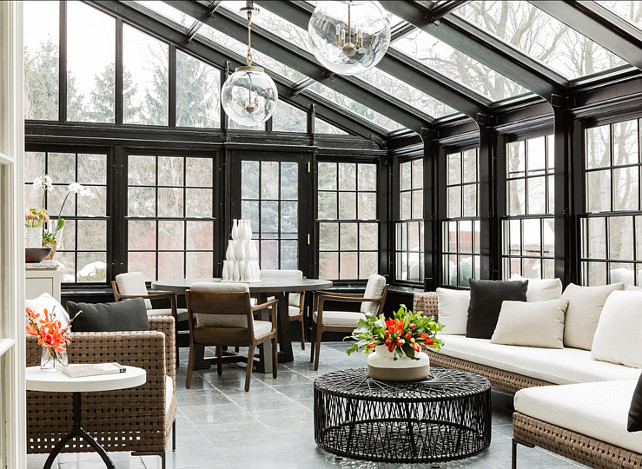 Conservatory Design. Dramatic and chic conservatory. Lighting are the Globus Pendants from Urban Electric. #Conservatory #ConservatoryIdeas #ConservatoryDesign Terrat Elms Interior Design.