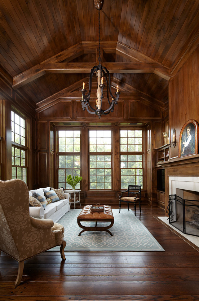 Living Room. Traditional wood-paneled living room. Beautiful floor to ceiling wood paneling and windows. Paneling wood is alder. #LivingRoom #TraditionalLivingRoom #WoodPaneledRooms #WoodPaneledInteriors #WoodPanelingIdeas Designed by Yunker Associates Architecture.