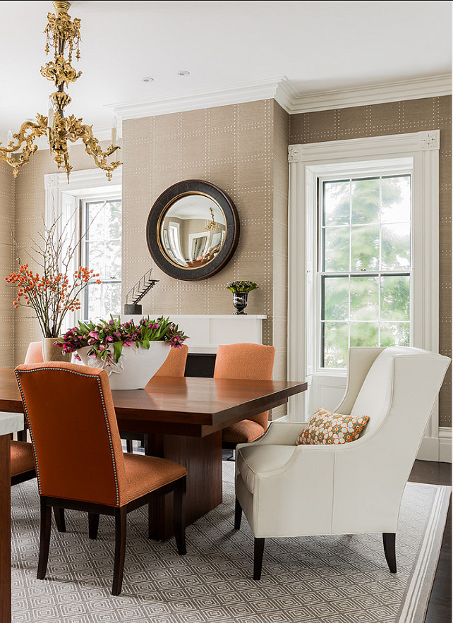 Dining Room. Elegant Dining Room Ideas. Dining Room Furniture Ideas. Dining Room Decor. The mirror in this dining room is from Dessin Fournir. The custom bound rug is from Faber's Rug in Wellesley, MA. The wallcovering is from Phillip Jeffries. It is called Rivets. #DiningRoom #DiningRoomDecor Terrat Elms Interior Design.