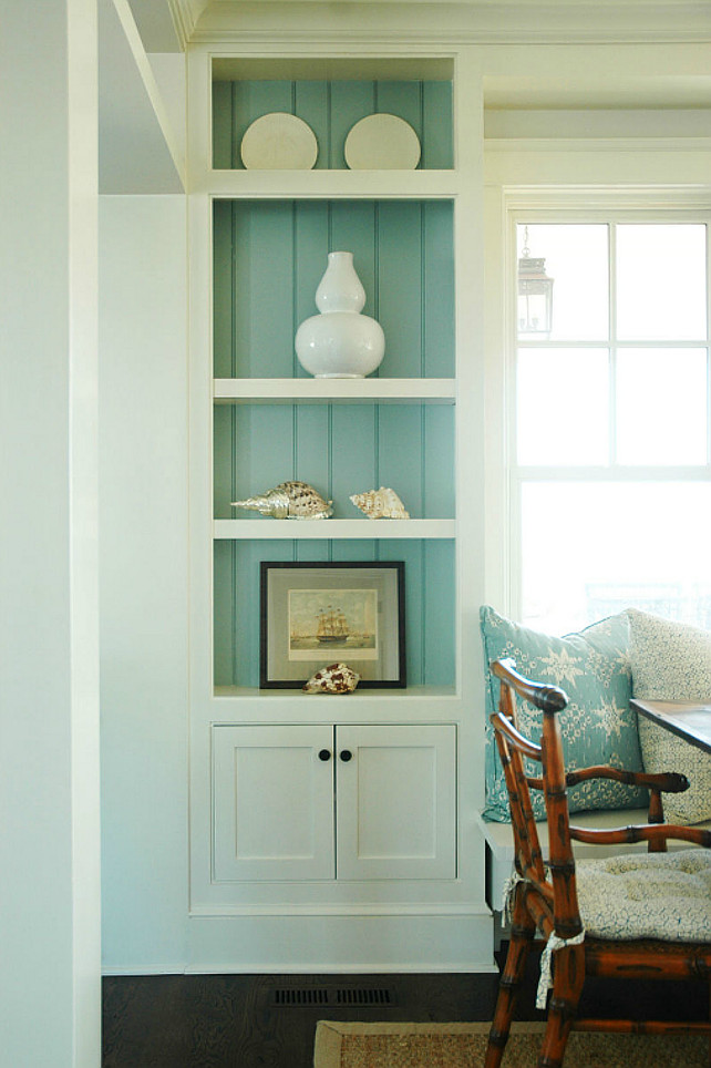 Dining Room. Dining Room. Turquoise blue cottage dining room. Cottage dining room built-in cabinets with turquoise blue beadboard backsplash and beachy accents. Built-in dining room banquette. Morrison Fairfax Interiors