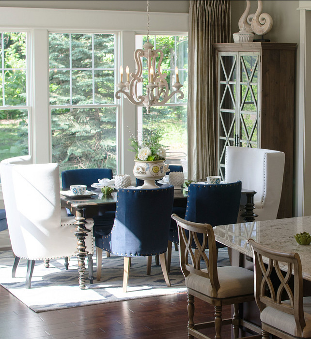 Dining Room. I like the idea of using a beautiful chandelier and layer the dining room with a rug and upholstered chairs. Chandelier is the "Hayman Bay 5 Light Chandelier". #DiningRoom