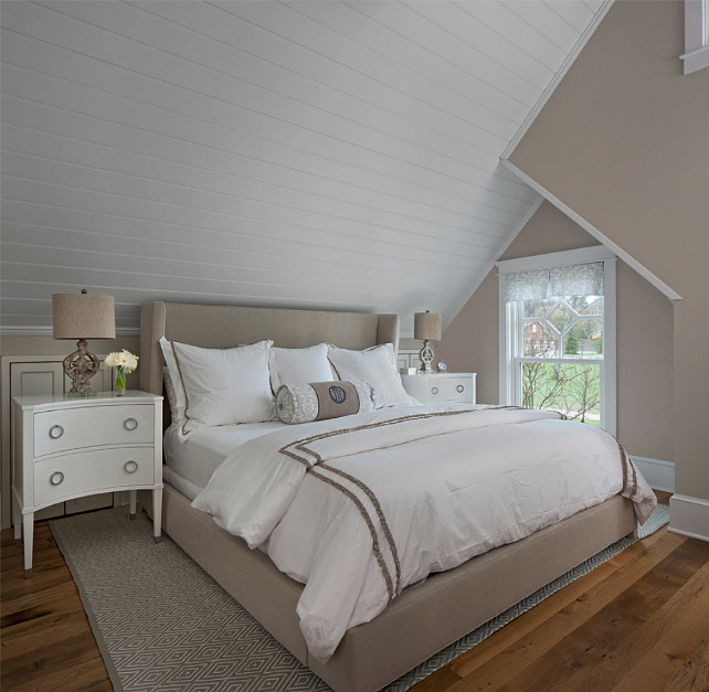 Gray Bedroom Paint Color. The wall paint color in this bedroom is "Benjamin Moore Baby Fawn". #GrayBedroom #GrayBedroomPaintColor #GrayBenjaminMoorePaintColor #BenjaminMoorebabyFawn Designed by Cottage Company Interiors.