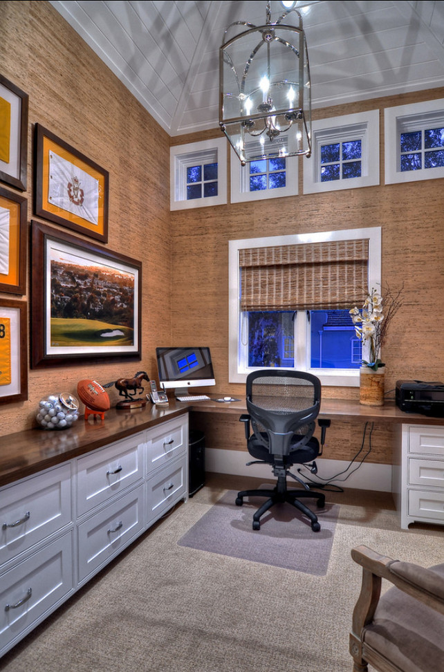 Home Office Ideas. Wall Covering in this home office is grasscloth. Pendant Lighting is the"Arch Top Lantern, designed by designer E.F. Chapman" from Circa Lighting. #Wallpaper #HomeOffice #Grasscloth