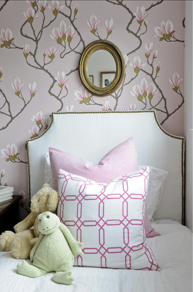 Kids Bedroom Decor. Kids Bedroom with classy decor. Girls Bedroom with floral wallpaper and custom pillows. #Bedroom #KidsBedroom #GirlsBedroomDecor Kerrisdale Design Inc.