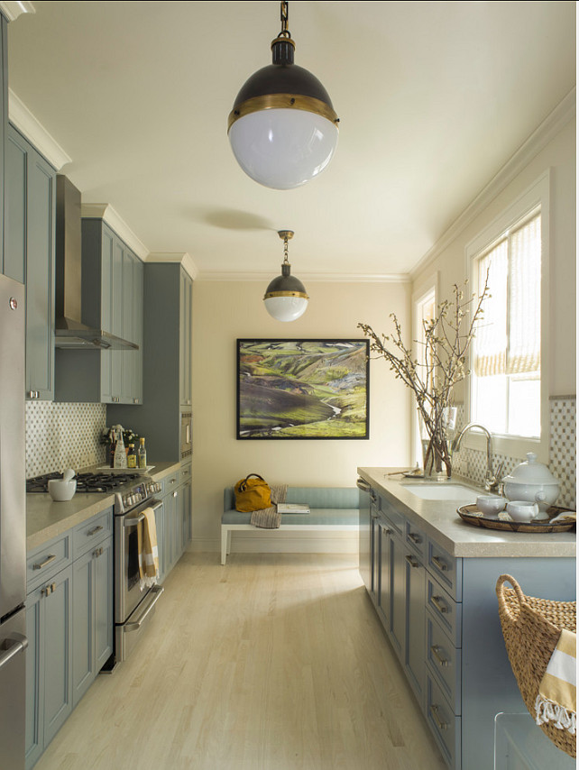Kitchen Paint Color. Kitchen Cabinet Paint Color is "Christopher Peacock CPPI-22 Cookham Gray". Wall Paint Color is "Benjamin Moore OC-1 Natural Wicker". Angela Free Design.