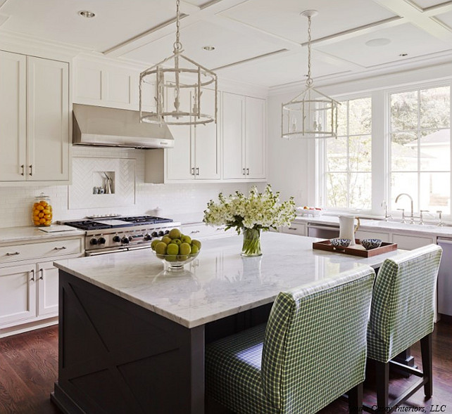  Kitchen Island. KItchen Island with X Mullion Trim. A pair of Made Goods Trina Chandeliers hung from board and batten trimmed ceilings.  #Kitchen #KitchenIsland #XMullion