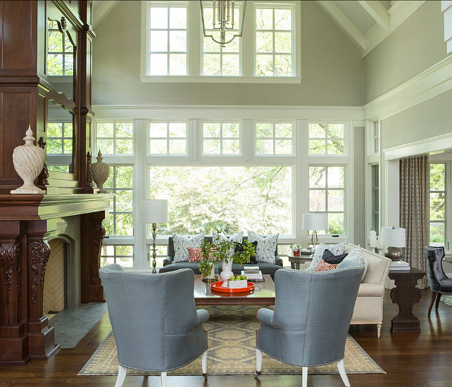 Living Room. Living Room Ideas. Formal living room with stylish furniture. Chairs are the "Preston Chair from Lillian August". Great living room furniture layout. Paint Color is Benjamin Moore Revere Pewter HC-172 #LivingRoom #LivingRoomIdeas #LivingRoomLayout #LivingRooFurnitur