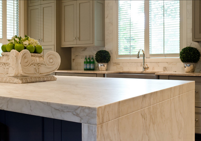 Marble Countertop. Kitchen Island with white Marble Countertop. The fabulous waterfall edge island stone is Calacatta Gold marble which has been honed to a soft finish. Calcutta marble, marble countertop, waterfall edge. #MarbleCountertop #WhiteMarble #Marble
