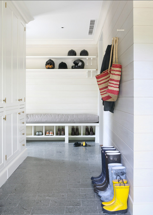 Mudroom. Mudroom Design Ideas. Mudroom with custom cabinets, durable floors and horizontal tongue and groove walls. #Mudroom