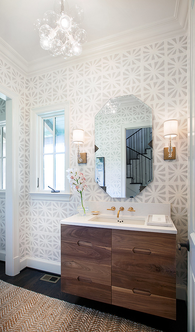 Powder Room Ideas. Transitional powder room with geometric wallpaper and Glass Bubble Chandelier. #PowderRoom #TransitionalPowderRoom #TransitionalInteriors Tracy Hardenburg Designs.