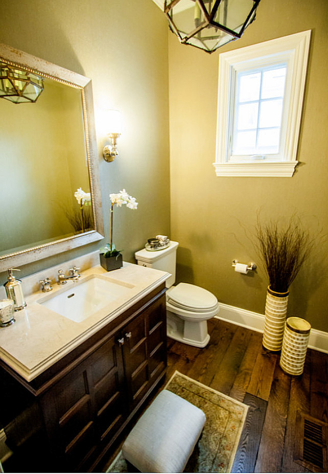 Powder Room. Powder Room Design. Powder room with custom cabinetry, sconces and dark stained hardwood floors. #PowderRoom #PowderRoomDesign #PowderRoomIdeas