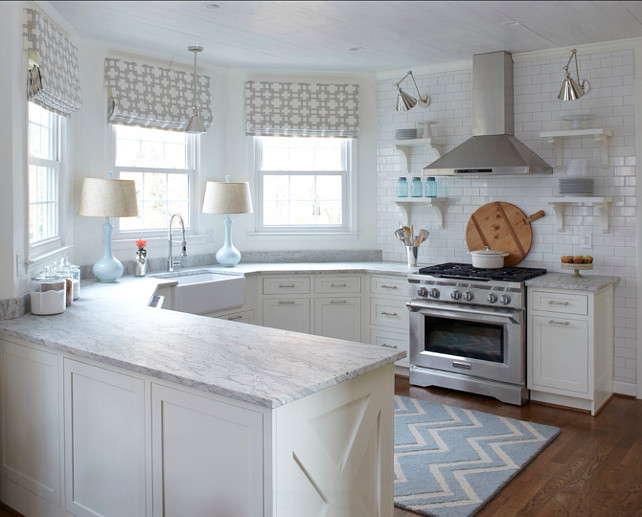 Small Kitchen. Small Kitchen Deisgn Ideas. The countertop in this kitchen is honed "thunder white granite". Lisa Gabrielson Design.