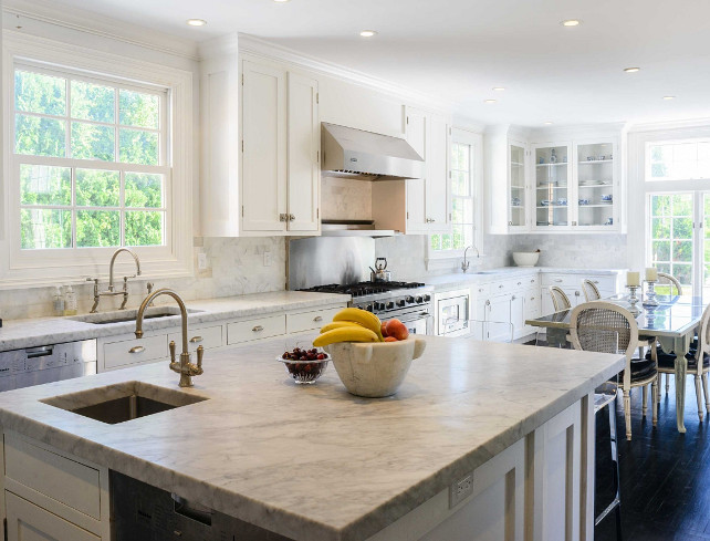 White Kitchen with honed white marble countertop. #kitchen #WhiteKitchen #Marble