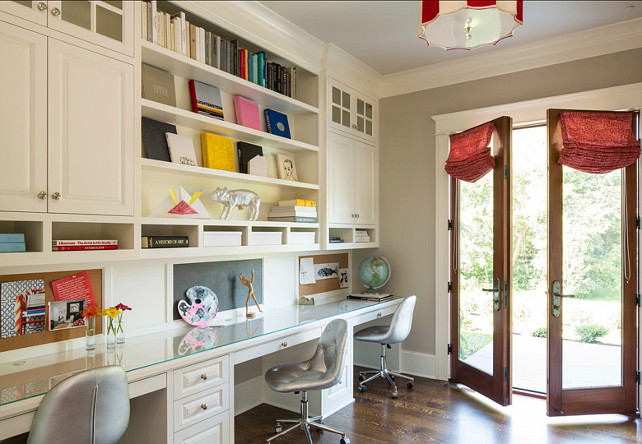 Study. Kids Study Design. Cabinets are painted in Benjamin Moore White Dove OC17 #Study #HomeOffice #BenjaminMooreOC17