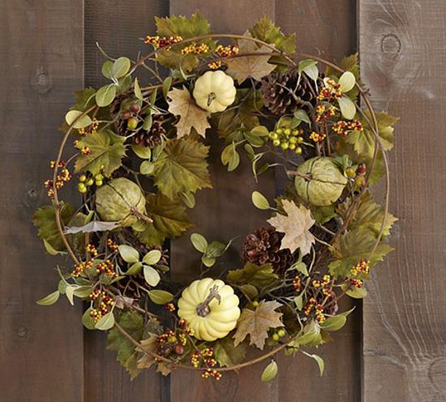 Thanksgiving Wreath Ideas. Faux green harvest pumpkin wreath, Pottery Barn, $137. #ThanksgivingWreath  Via Style at Home.