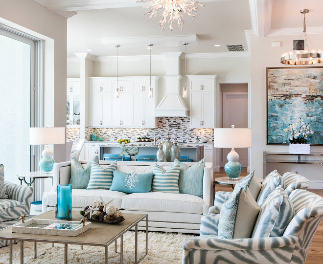 Coastal White Kitchen with Turquoise Island - Home Bunch Interior