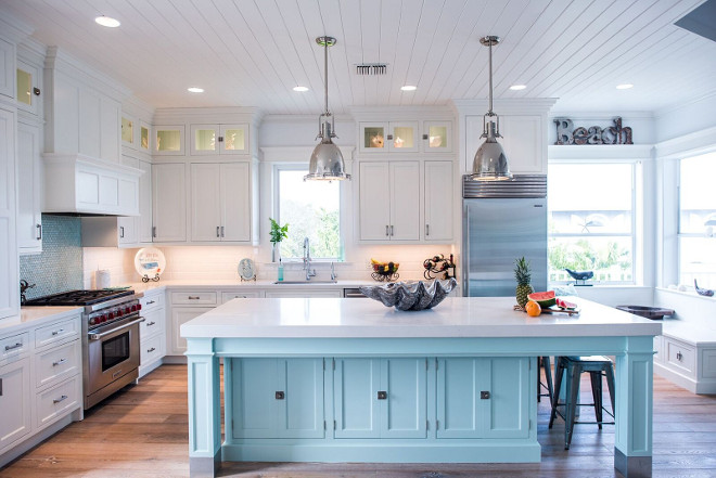 White and Aqua Kitchen  Diy kitchen renovation, Cottages and bungalows,  Beach house kitchens