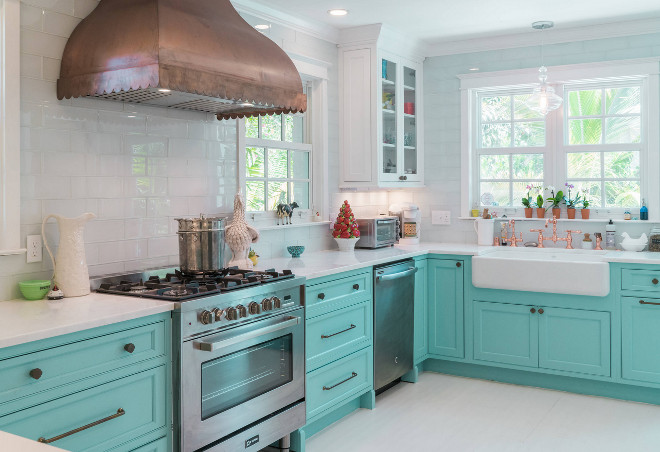 Turquoise Kitchen With White Glass Subway Tile 