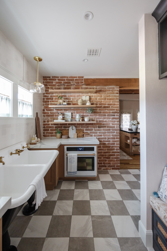 Restored brick wall with checker floor tile Pantry Restored brick wall with checker floor tile #Restoredbrick #brickwall #checkerfloortile #floortile #Pantry
