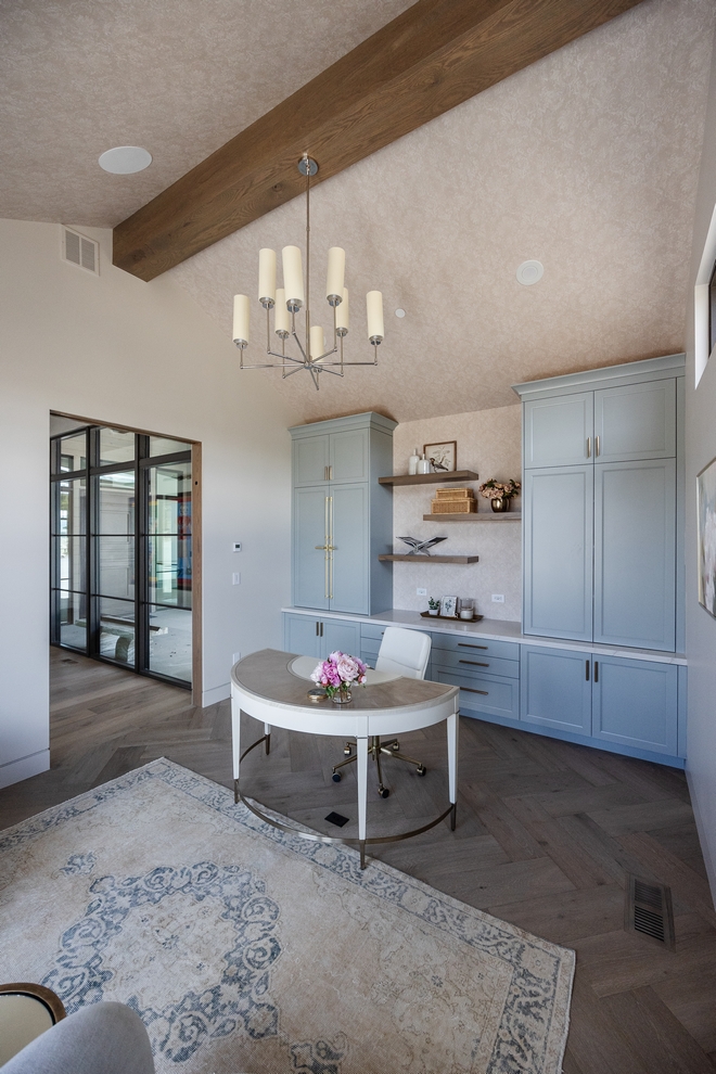 Benjamin Moore Silver Mink on cabinets with Sherwin Williams Egret White on walls without wallpaper