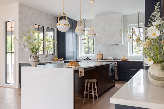 Kitchen combination of textured tiles from counter to ceiling with the navy blue charcoal cabinets and walnut island Kitchen combination of textured tiles from counter to ceiling with the navy blue charcoal cabinets and walnut island Kitchen combination of textured tiles from counter to ceiling with the navy blue charcoal cabinets and walnut island #Kitchen #texturedtile #navyblue #charcoal #cabinets #walnut #kitchenisland