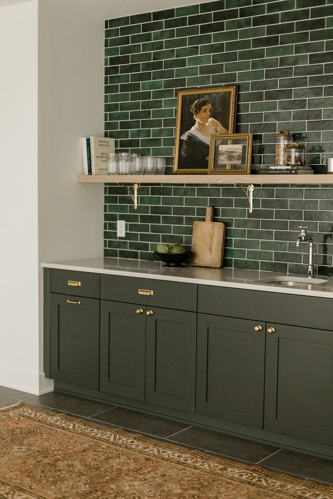 Bar cabinet featuring a rich earthy green paint color known as Shade Grown by Sherwin Williams