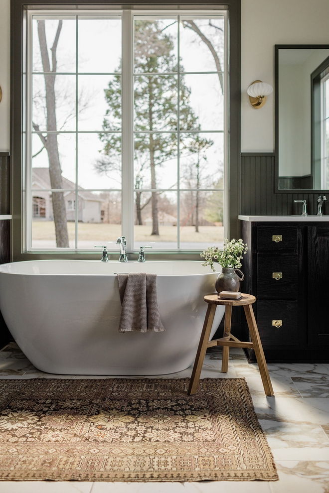 An earthy bathroom evokes a sense of warmth and tranquility by integrating natural colors and textures