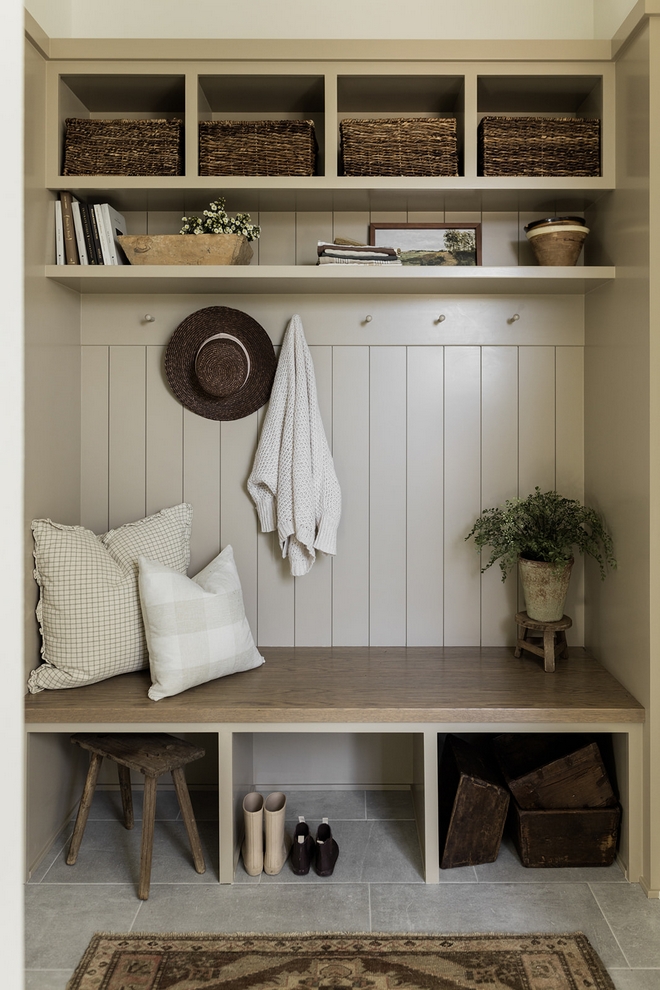 Mudroom features a custom locker in a lovely neutral paint shade concrete-inspired floor tiles and charming vintage decor Mudroom features a custom locker in a lovely neutral paint shade concrete-inspired floor tiles and charming vintage decor #Mudroom #locker #neutral #paint #shade #concreteinspiredfloortile #vintagedecor