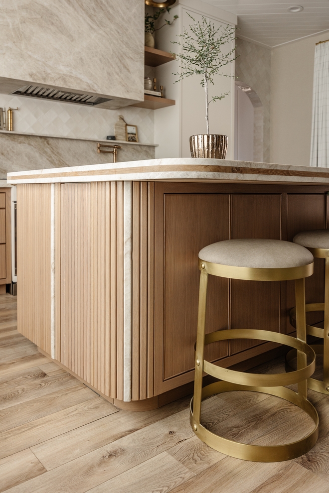 Kitchen Island features rounded corners with Quartzite inlay with 3 inch reeded on sides Kitchen Island features rounded corners Kitchen Island features rounded corners #KitchenIsland #roundedcorners #reeded #reededIsland