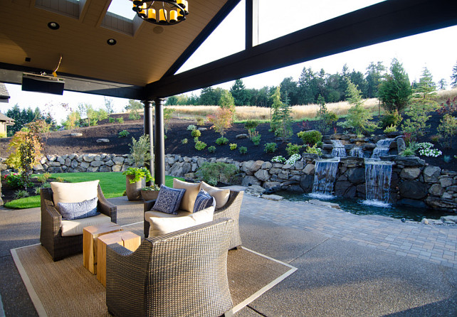 Backyard. Backyard Ideas. Backyard with patio and waterfall. Backyard.