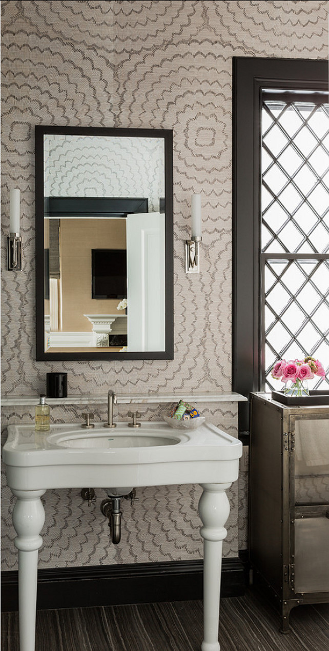 Bathroom Design. Transitional Bathroom Design. Bathroom with wallpaper and transitional decor. #Bathroom #TransitionalBathroom #Bathroomdecor #BathroomDesign #Bathroomideas Terrat Elms Interior Design.