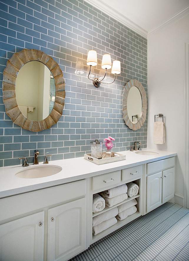 Bathroom Design. Transitional bathroom with blue subway tiles and attractive pair of mirrors. #Bathroom #BathroomIdeas #TransitionalBathroom Tracy Hardenburg Designs.