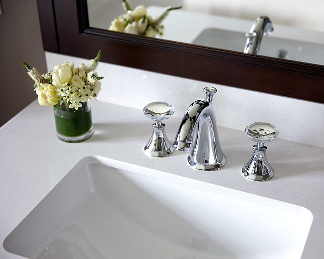 Bathroom Faucet Ideas. Bathroom Quartz Countertop and Faucet Ideas. #Bathroom #BathroomIdeas #QuartzCountertop #Faucet Designed by Jane Lockhart.