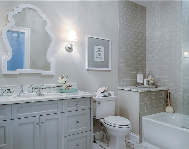 Bathroom Ideas. Bathroom Design. Gray Bathroom with gray custom vanity and gray subway tiles. #Bathroom #GrayBathroom #BathroomDesign