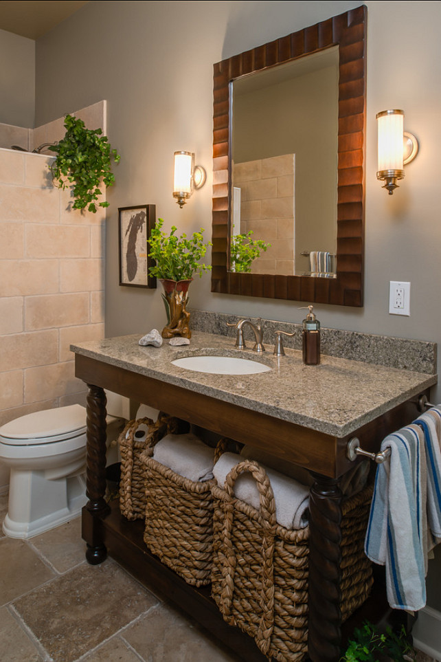 Bathroom Ideas. Bathroom Design. Storage is added with large rope baskets. #Bathoom #BathroomStorage