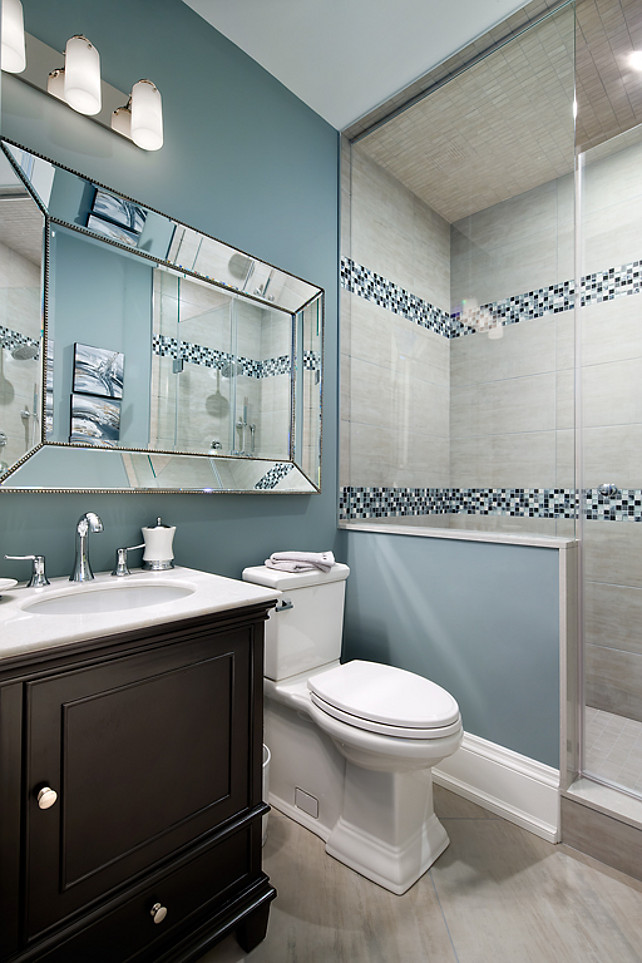 Bathroom Ideas. Clever Bathroom Design Ideas. I am loving the oversized mirror that run from the vanity, occupiying mostly of the wall. #Bathroom #BathoomIdeas Designed by Jane Lockhart.